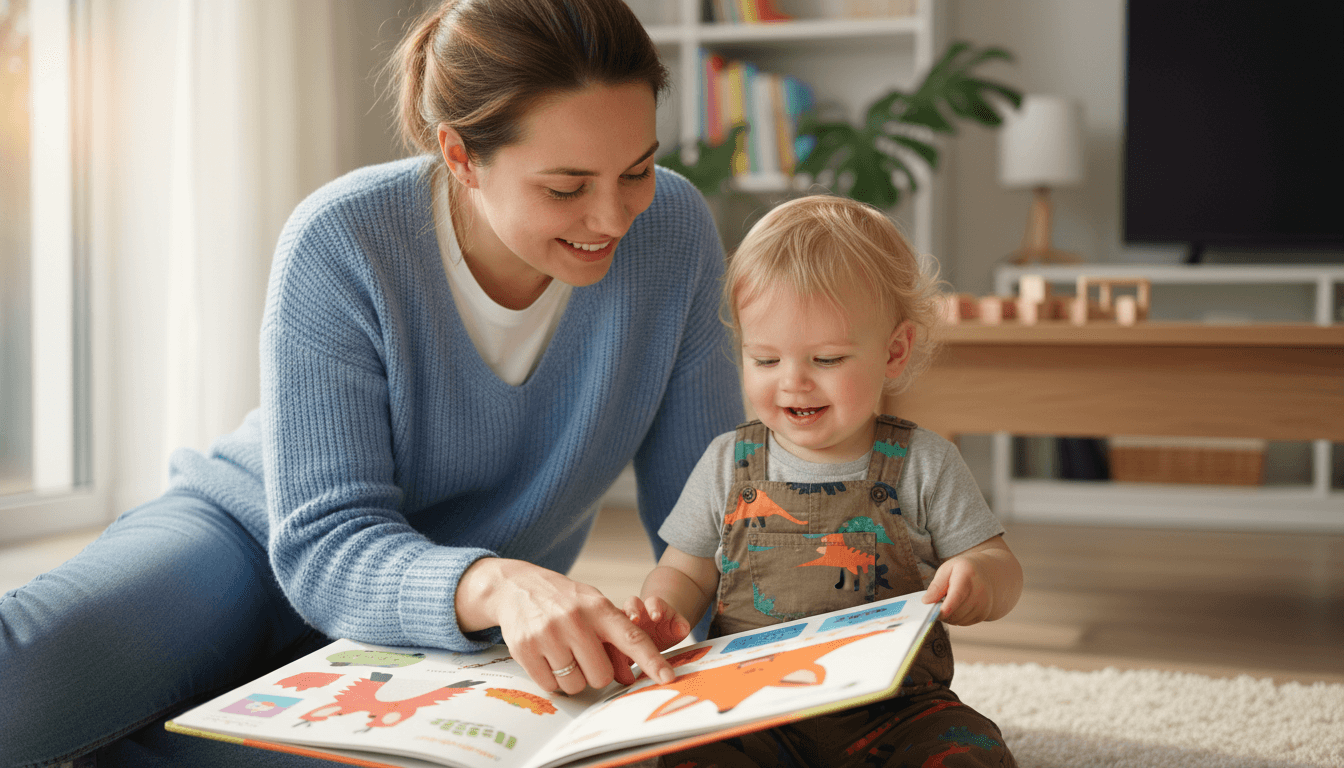 Mutter übt Sprachentwicklung mit Kleinkind durch gemeinsames Bilderbuch lesen in Schwerin unterstützt durch Logopädie